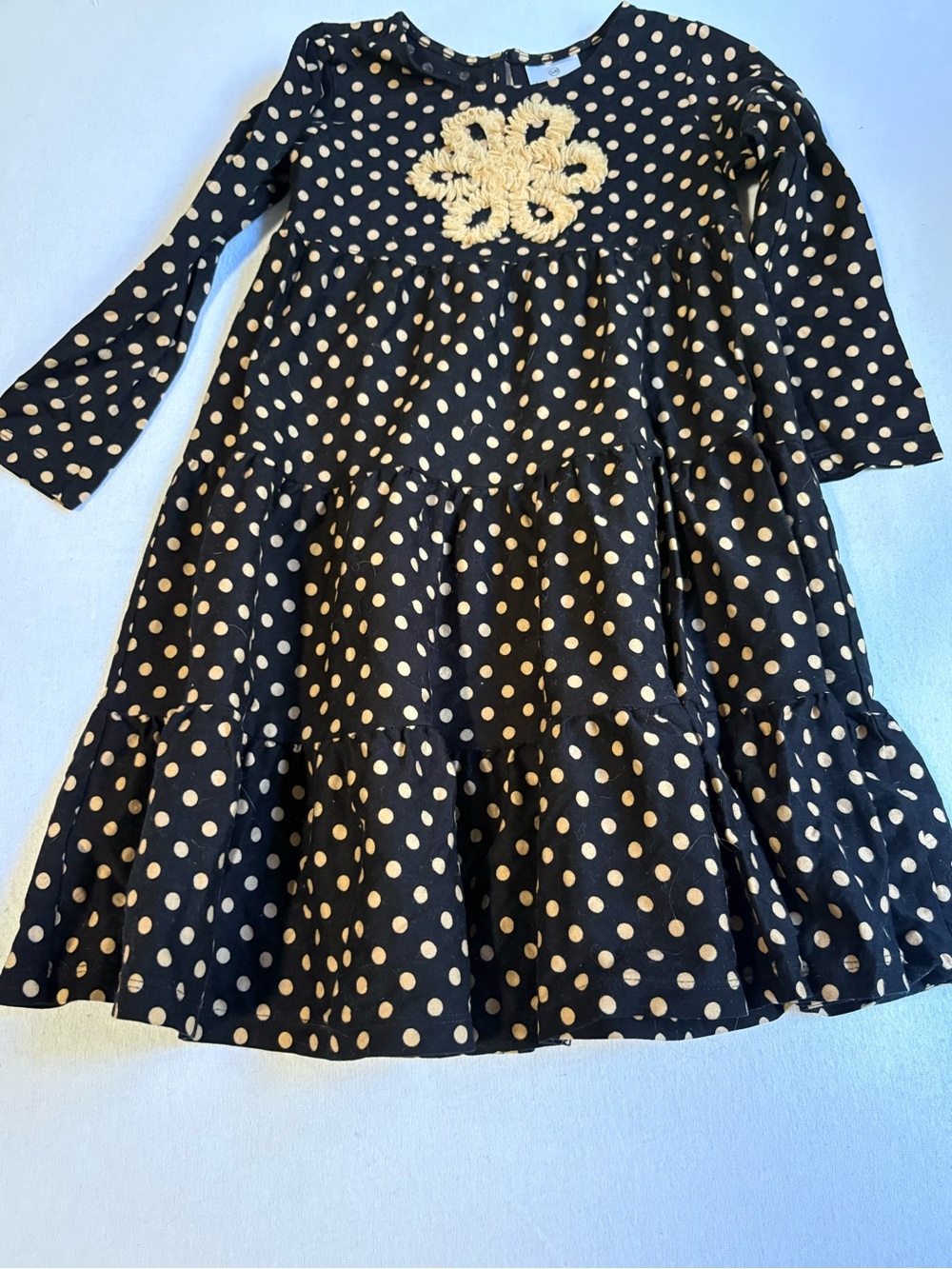 Hanna Andersson Black Dress with Cream Polka Dots and Crochet Detail